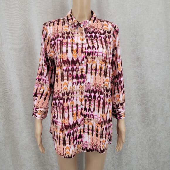 Intro Linen Rayon Colorful Button-Up Shirt Adjustable Roll Tab Sleeves Women's M - Picture 1 of 12